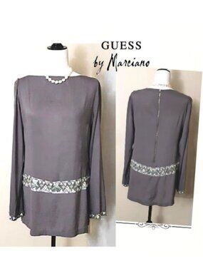 GUESS by MARCIANO Silk Blend Dress Embroidered MOP Sequin Button Grey Tu…